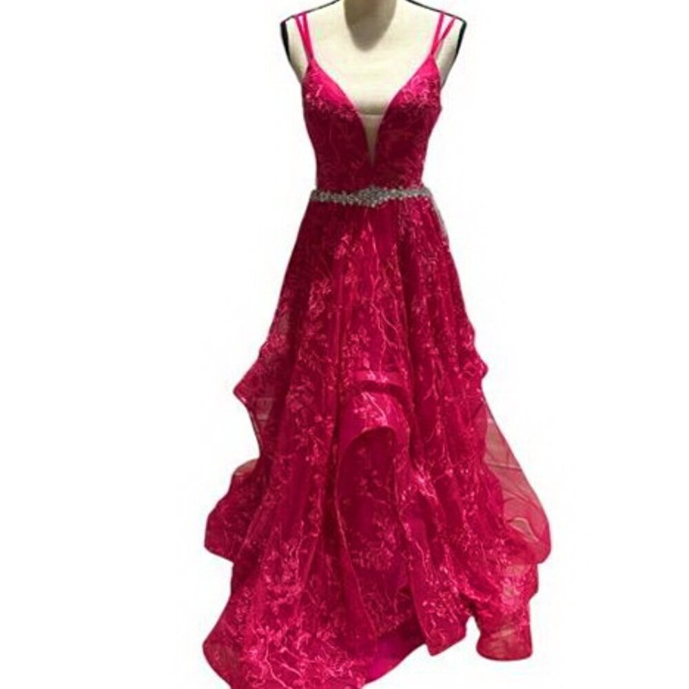 JJ'S House Fuchsia V-Neck Floor-Length Tulle Lace Ball Princess Gown Prom